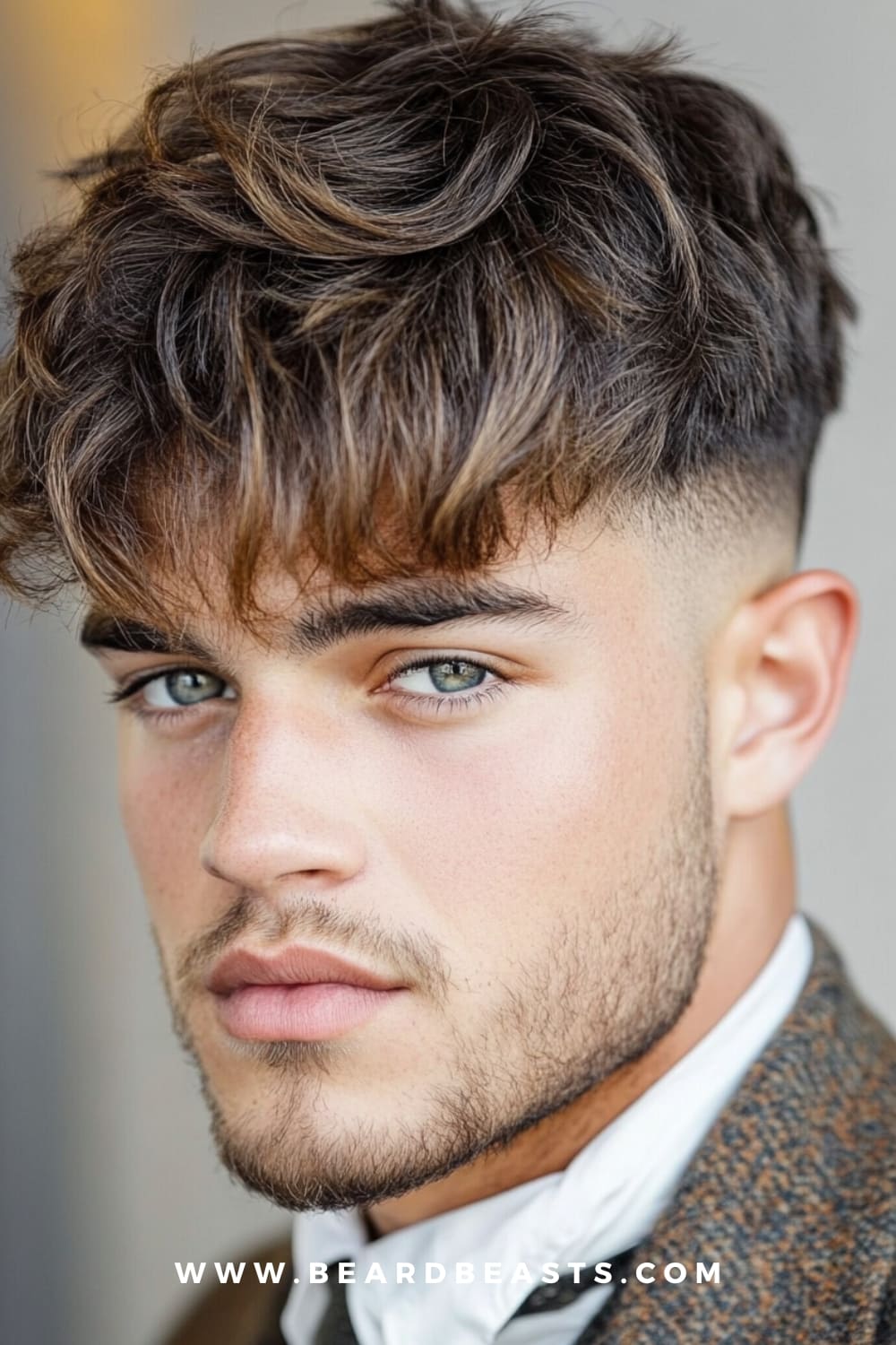 Man with a textured crop haircut, featuring soft layers and a natural finish, paired with a light beard. The textured crop is a modern and stylish option which offers a effortlessly cool look with minimal grooming required.