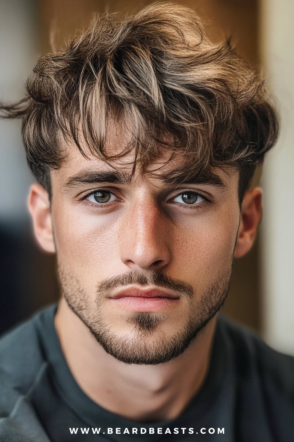 A man with a stylish wavy fringe haircut is featured in this close-up image, showcasing his natural thin wavy hair falling casually over his forehead. The soft, tousled waves add texture and volume to the hair, making it appear fuller. The fringe gently frames his face, creating a modern, laid-back look. This hairstyle for men with thin wavy hair is perfect for enhancing natural texture while providing an effortless, casual vibe. Paired with a neatly trimmed beard, this style offers a cool and youthful appearance.