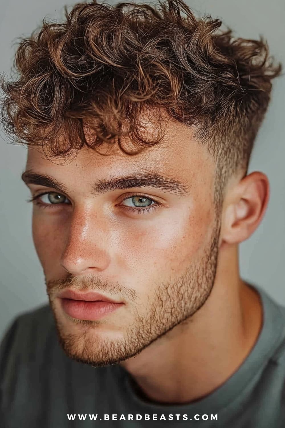 A man with stylish messy curls is featured in this close-up image, showcasing his thin curly hair with natural volume and texture. The curls are loosely styled on top, adding depth and fullness to the hair, while the sides are neatly faded for a clean and sharp contrast. This hairstyle for men with thin curly hair enhances the natural texture of the curls, giving a casual yet modern appearance. Paired with a subtle beard, this look is perfect for those seeking an effortless yet fashionable style that adds volume to thin hair.