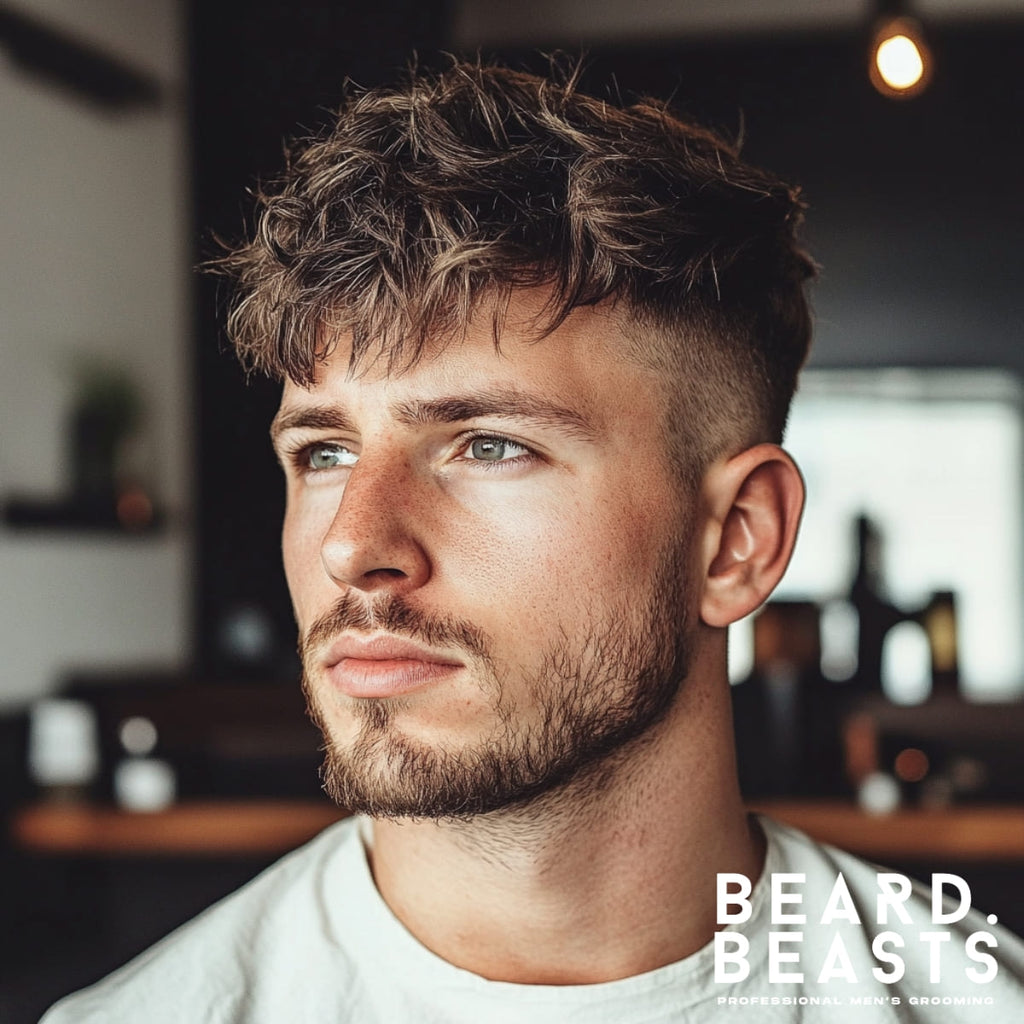 Portrait of a 30-year-old man with a messy French crop haircut, featuring a tousled, textured top and a soft, relaxed fringe falling naturally over his forehead. The high fade on the sides creates a sharp contrast, highlighting the casual, carefree vibe of the style. He has a light stubble beard that complements the haircut, enhancing his sharp jawline. The background showcases a modern barbershop with warm lighting, sleek wooden accents, and a subtle industrial aesthetic, adding to the trendy atmosphere.