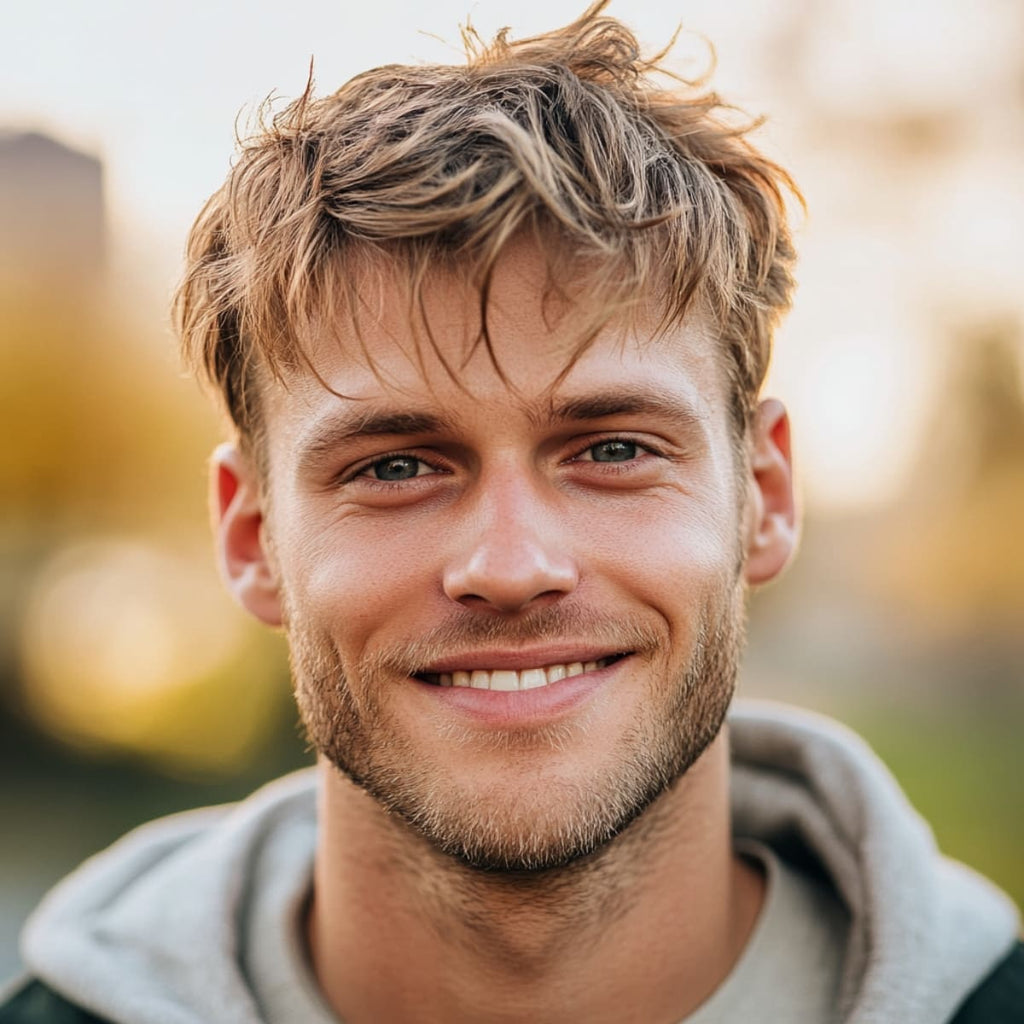 A man with a messy fringe, a relaxed option among Men’s Hairstyles for Receding Hairlines, smiles warmly, exuding a carefree vibe. His hairstyle features soft, tousled layers that fall naturally over his forehead, helping to subtly disguise the hairline. The casual, textured look enhances his approachable style, while the natural outdoor background with warm lighting adds to the youthful and effortless charm of this haircut.