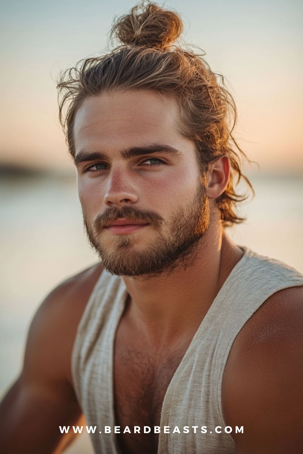 A man with a messy man bun and a light beard, showcasing one of the best Long Surfer Hairstyles. The relaxed, tied-up look embodies the laid-back surfer style, perfect for a carefree, beach-ready vibe.