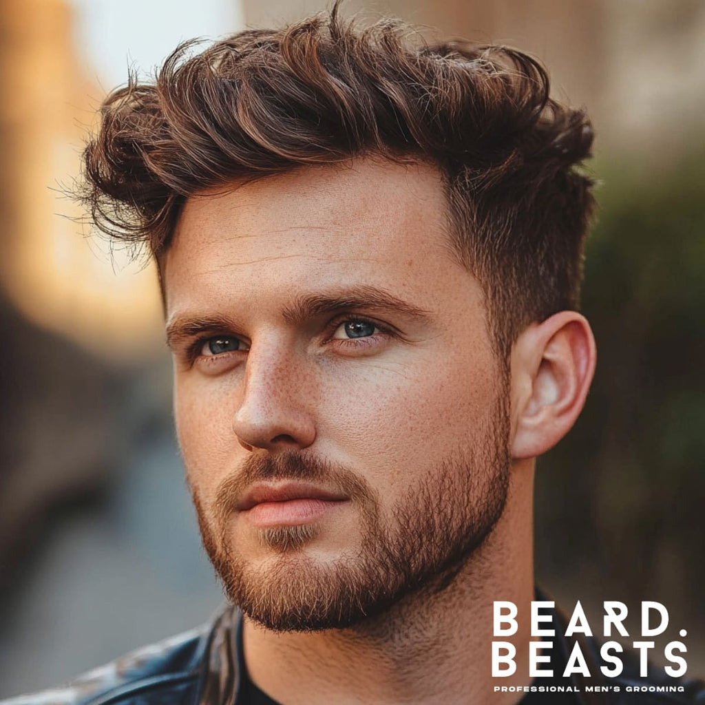 Close-up portrait of a fashionable young man with a messy quiff hairstyle, featuring voluminous, tousled hair swept back with natural texture. His neatly groomed beard complements the modern haircut, creating a balanced and stylish look. The soft, golden hour lighting enhances his features and the rich tones of his hair, set against a blurred outdoor background for a trendy, relaxed vibe. Perfect for showcasing effortless yet polished men's grooming styles.