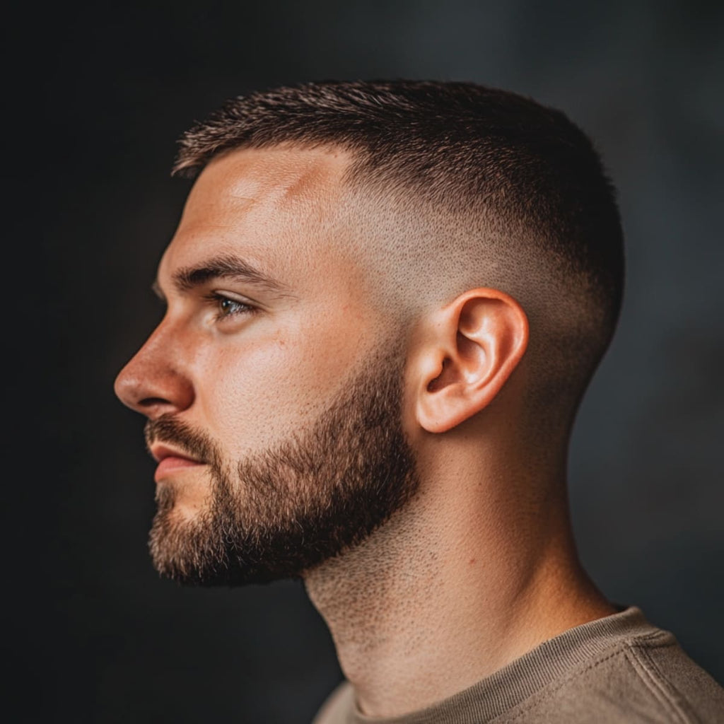 A side profile of a man with a crew cut and drop fade. The top of the hair is short and neatly textured, while the sides feature a smooth drop fade that blends seamlessly down toward the neckline. The man also has a full, well-groomed beard that complements the sharp lines of the fade, creating a clean and stylish look. The combination of the modern crew cut with the fade and beard offers a trendy, masculine appearance.