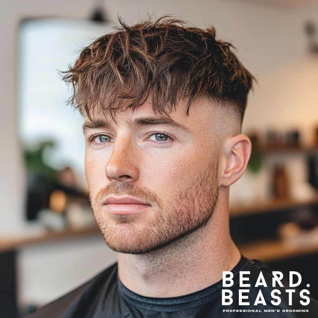 Portrait of a 30-year-old man with a high fade French crop haircut, featuring a tousled, textured top and a soft fringe styled forward. The fade is sharp and clean, creating a striking contrast with the voluminous top. The man has a neatly groomed light stubble beard, adding to the modern and stylish appearance. He is seated in a light, contemporary barbershop with warm wood accents, soft natural lighting, and a blurred background that emphasizes the sleek, professional vibe.