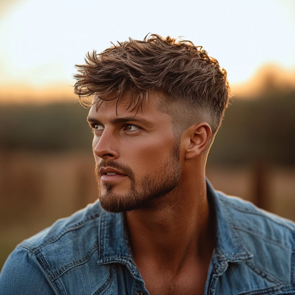 Man with a Modern Rancher Crop haircut, featuring short, neatly tapered sides and a slightly tousled, textured top. He wears a denim jacket, enhancing the rustic cowboy aesthetic, and gazes into the distance with a confident expression. Set against a warm outdoor backdrop, this cowboy haircut combines the low-maintenance appeal of a French crop with rugged Western style, perfect for a refined yet casual look.