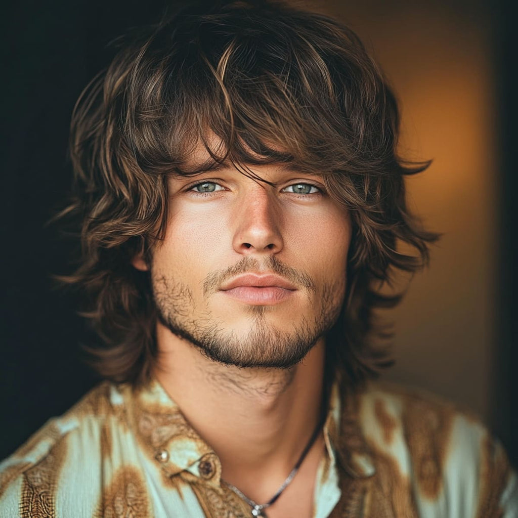 Handsome 30-year-old man with a classic 70s shag hairstyle, featuring layered, tousled hair that frames his face with a natural, retro-inspired look. Wearing a vintage patterned shirt, he exudes a relaxed, rockstar vibe typical of iconic 70s men's hairstyles.