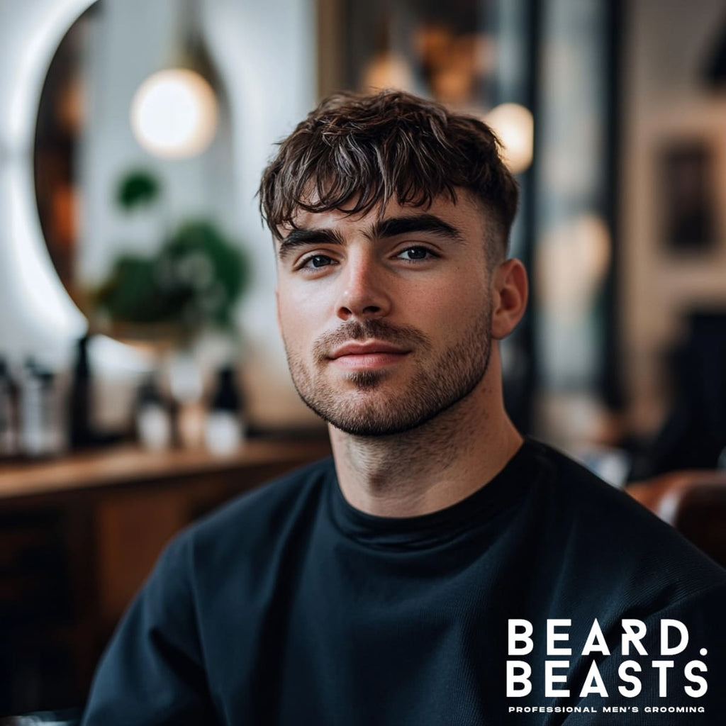 A portrait of a young man with a clean, modern hairstyle featuring a textured top and a neat fade on the sides. He has a light stubble beard that enhances his well-groomed appearance. The setting is a stylish barbershop with warm, ambient lighting, blurred background details of mirrors, plants, and grooming products, creating a relaxed and contemporary atmosphere. The overall composition highlights his confident and polished look