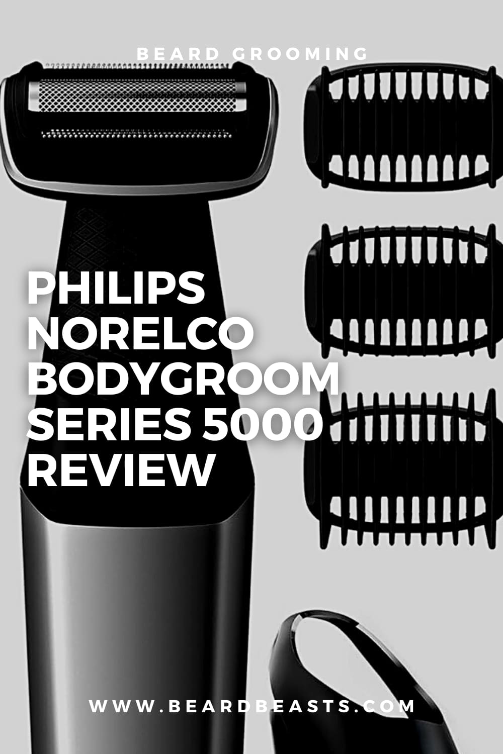 Philips Norelco Bodygroom Series 5000 body groomer with trimmer attachments and a review headline on BeardBeasts website.