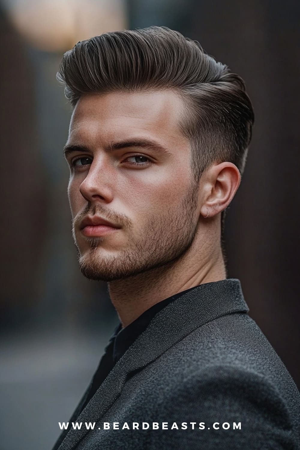 Pompadour Hairstyle - A bold and voluminous Medium-Length Professional Men’s Hairstyle featuring a sleek, elevated top with shorter sides, perfect for a confident and stylish business look.