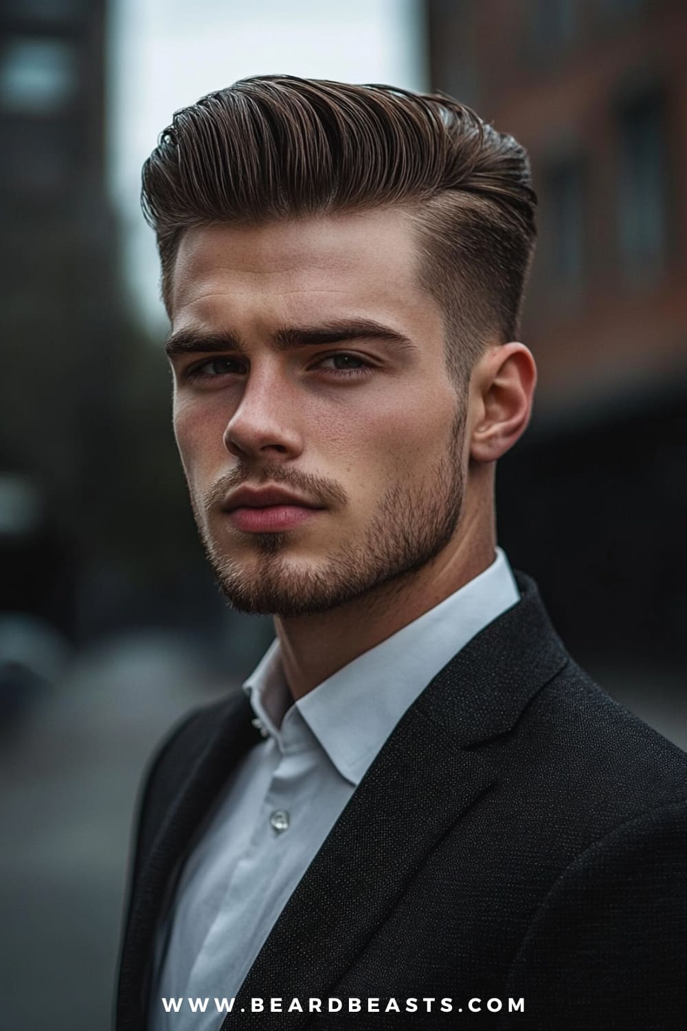 A young man confidently showcases a sleek pompadour, one of the classic medium hairstyles for men with thick hair. His thick hair is expertly styled with volume on top, swept back to create the signature height and smooth finish of a pompadour. The sides are neatly tapered, adding to the clean and polished look. He has a well-groomed stubble and is dressed in a sharp black suit with a white shirt, exuding sophistication and style.