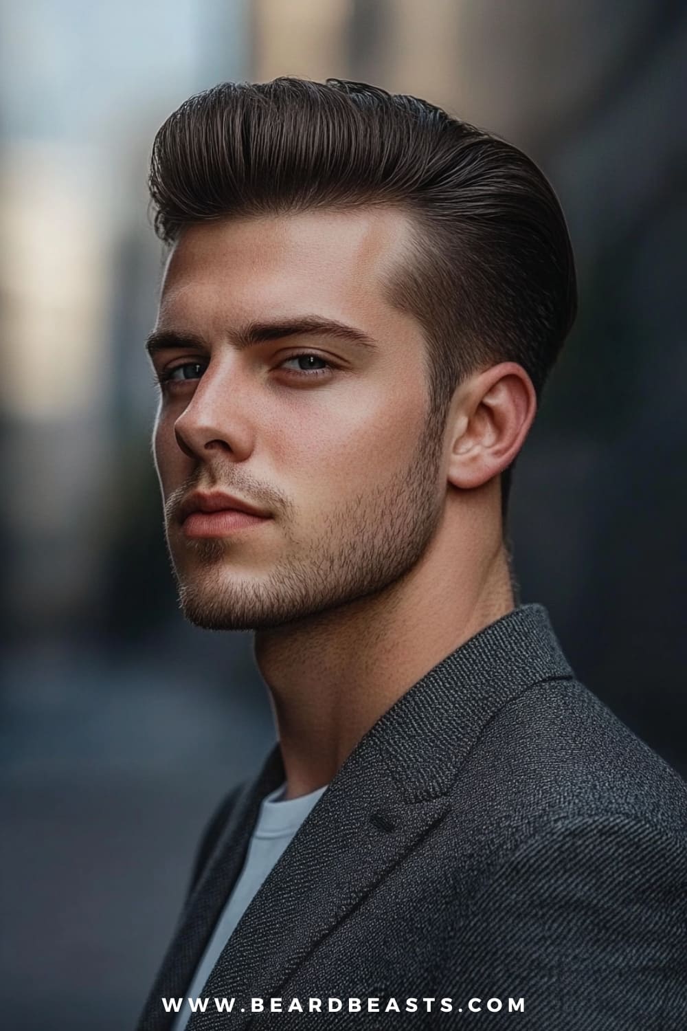 A young man with sharp facial features is showcasing a stylish Classic Pompadour hairstyle, perfect for those looking for medium length hairstyles for men. His hair is neatly combed back with volume at the front, creating a sleek and polished look. The sides are trimmed short, accentuating the height of the pompadour, a popular choice among men's medium length haircuts. He is wearing a textured gray blazer over a white shirt, complementing his sophisticated appearance. The overall vibe is modern and confident, with the hairstyle adding a timeless, elegant touch to his look.