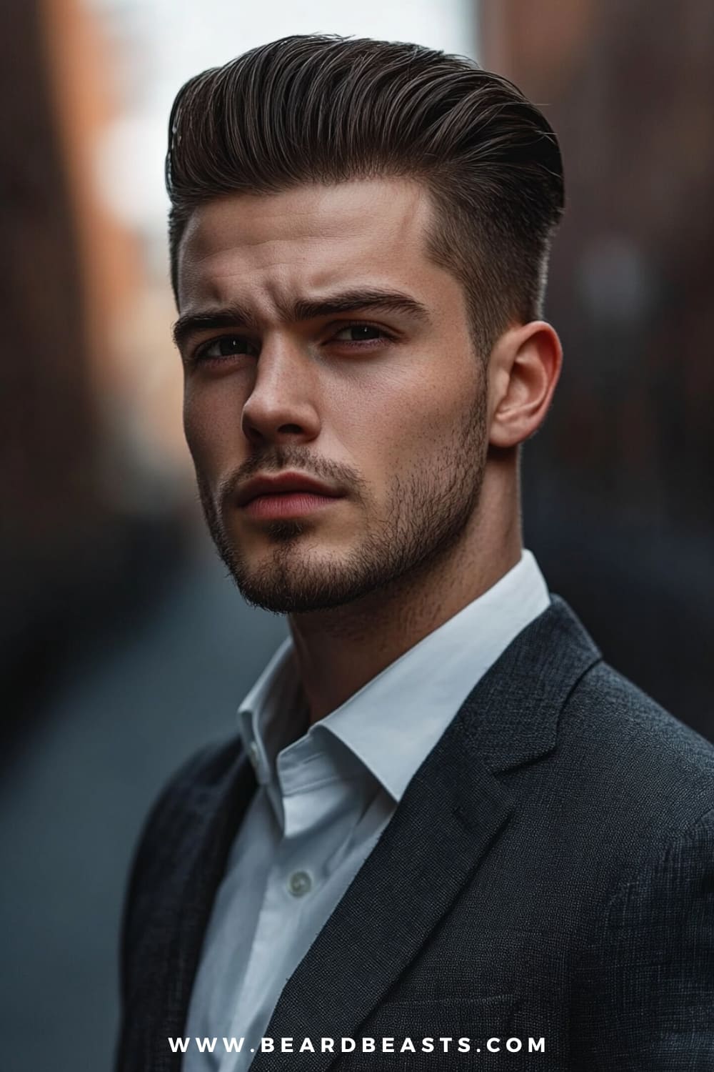 A man with a sleek and voluminous pompadour hairstyle is featured in this image, showcasing a classic yet modern look. The hair is styled high on top with a smooth, backward sweep, while the sides are kept shorter, creating a striking contrast. This medium-length hairstyle for men with thin hair adds height and volume, making the hair appear fuller and thicker. Paired with a well-groomed beard and a sharp suit, this style exudes sophistication and confidence, perfect for both formal and casual settings. The clean lines and texture of the pompadour make it a standout choice for men looking to enhance their thin hair.