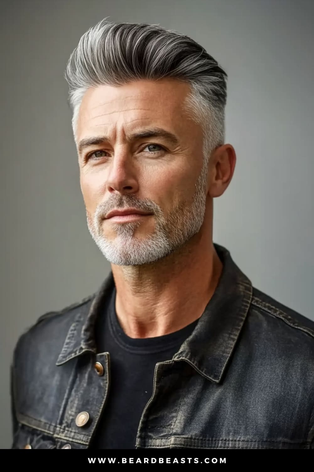 A striking older man with a perfectly groomed beard, sporting a Pompadour, a bold and distinguished choice among medium length hairstyles for older men. His hair is styled high and swept back, creating a voluminous look that exudes confidence and sophistication. The contrast between the sleek top and the shorter sides emphasizes the structure of his face, adding to the overall sharpness of his appearance. This image captures the essence of a timeless, powerful hairstyle that is perfect for making a statement while maintaining a polished, mature look.