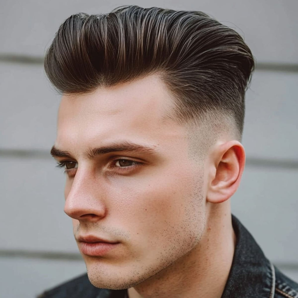 A young man with a stylish, voluminous pompadour haircut gazes thoughtfully to the side. His hairstyle features a high, slicked-back top with a sharp fade on the sides, creating a striking contrast that accentuates his facial features. Dressed in a dark denim jacket and set against a neutral background, he exudes a bold, modern look with a touch of classic flair.