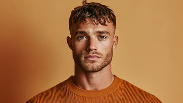 Front-facing portrait of a man with a stylish bald fade haircut and textured, wavy top, creating a modern yet rugged look. 