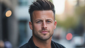 Man with popular messy spiky hair styled in a voluminous quiff, featuring textured height and a clean fade on the sides.