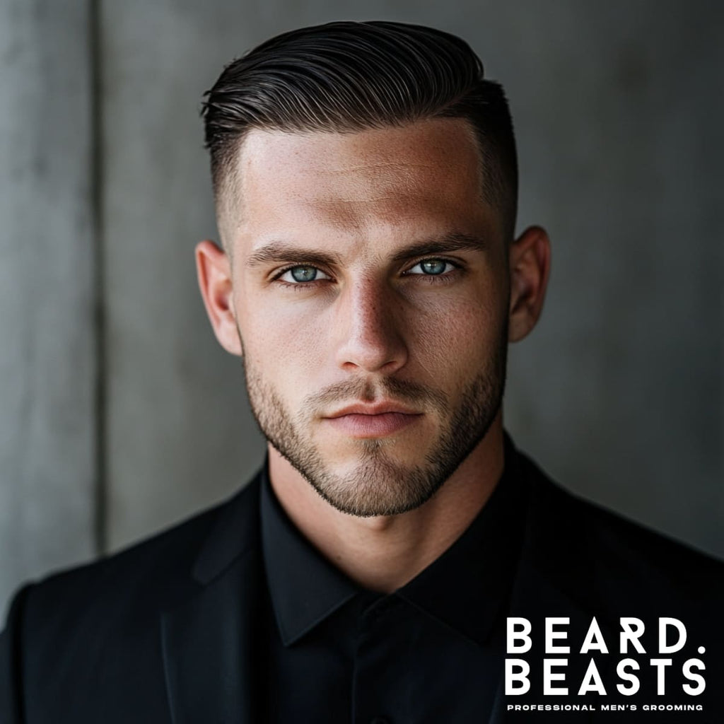 Portrait of a 30-year-old man with a classic sleek comb-over skin fade haircut, featuring neatly combed hair swept to one side with a sharp fade. The clean-shaven face and sharp jawline enhance the polished and professional look. The modern background and Beard Beasts branding emphasize premium grooming and style.