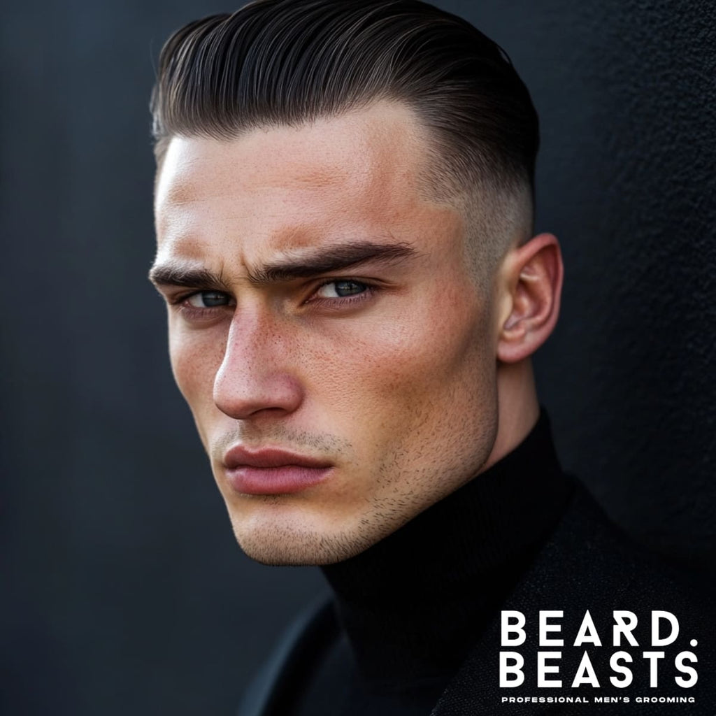 A striking portrait of a man with a sleek slick back hairstyle, perfectly complemented by a sharp skin fade. The haircut transitions smoothly from the clean, faded sides into the polished, slicked-back top, creating a sophisticated and modern look. The man's angular facial features and intense gaze exude confidence and precision. He is dressed in a black turtleneck, enhancing his sleek and minimalist style. The backdrop is a dark, textured surface that highlights the subject, with the "Beard Beasts" logo and tagline "Professional Men's Grooming" prominently displayed in the lower right corner, reinforcing the premium grooming aesthetic.