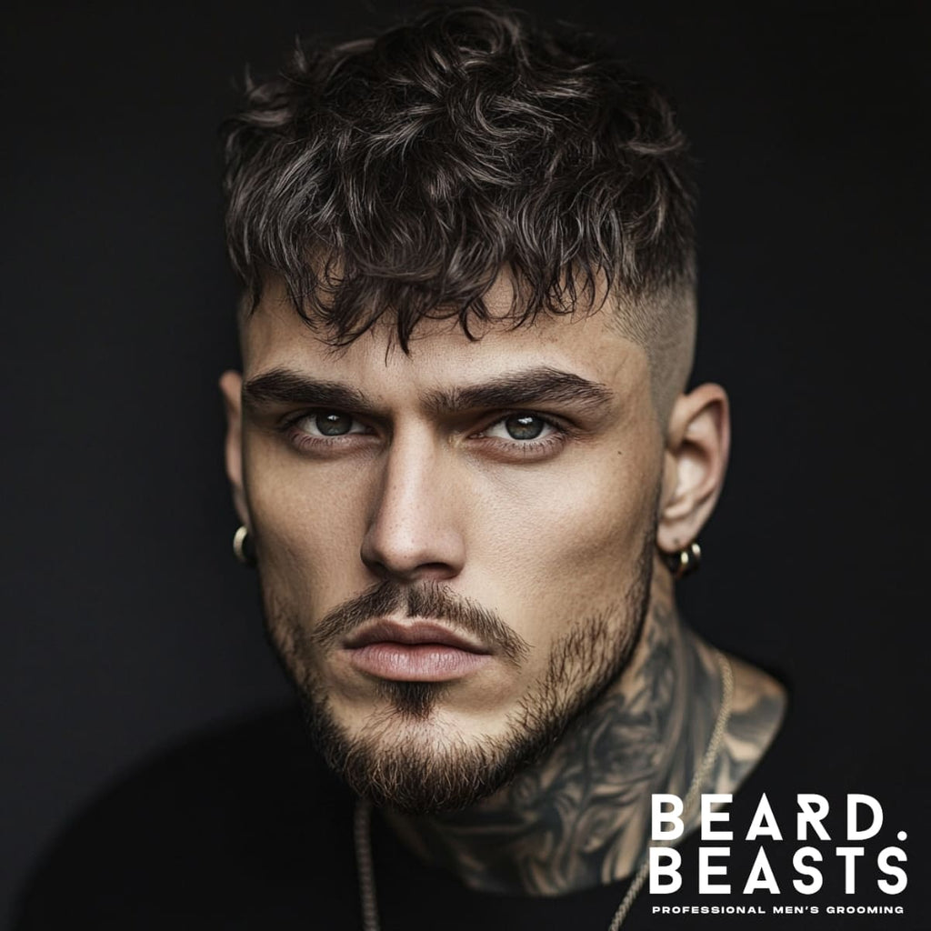 Portrait of a man showcasing a Textured French Crop Skin Fade, featuring a voluminous, tousled top with natural waves and a sharp high skin fade on the sides. The style emphasizes bold texture and contrast, paired with well-groomed facial hair and a tattooed neckline, adding an edgy and modern vibe. The man’s intense gaze and minimal accessories, including a hoop earring and chain necklace, highlight the haircut's striking appeal. Perfect example of a trendy and daring men’s hairstyle
