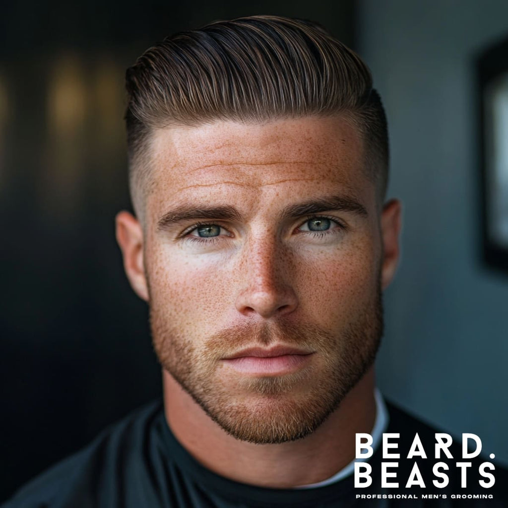 A portrait of a man with a meticulously styled textured slick back haircut, featuring a clean skin fade on the sides that seamlessly blends into the longer top. The slick back is styled with a natural, textured finish, adding volume and definition while maintaining a polished appearance. His well-groomed beard complements his sharp facial features, and his piercing eyes enhance the confident and professional look. The setting has soft lighting and a blurred barbershop-inspired background, with the "Beard Beasts" logo and tagline "Professional Men's Grooming" prominently displayed in the lower right corner, emphasizing premium grooming aesthetics.