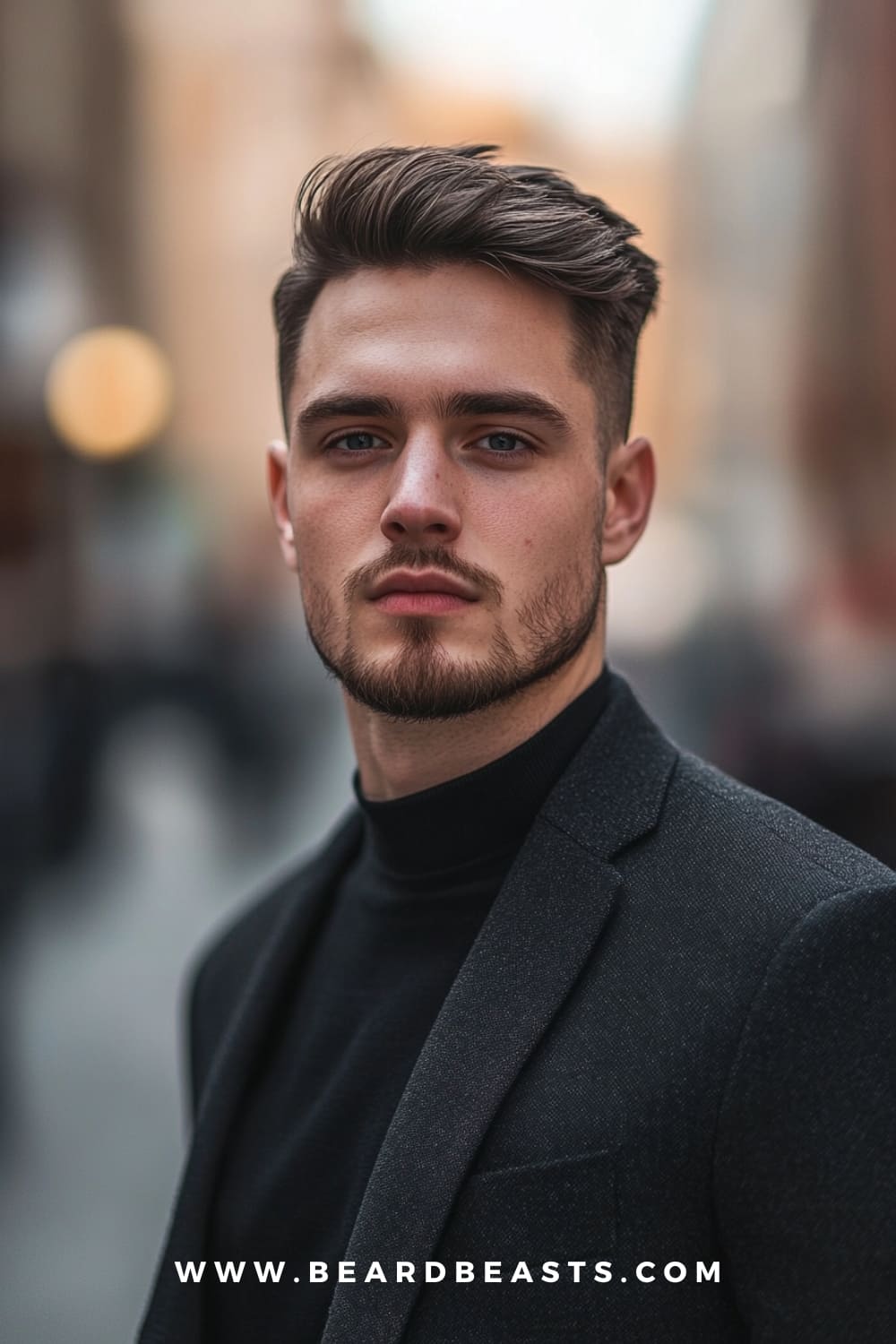 A man with a neatly styled quiff, showcasing one of the top gentlemen hairstyles for men in 2024. The hairstyle features volume and texture, paired with a well-groomed beard and a sleek black outfit, exuding modern sophistication and confidence.