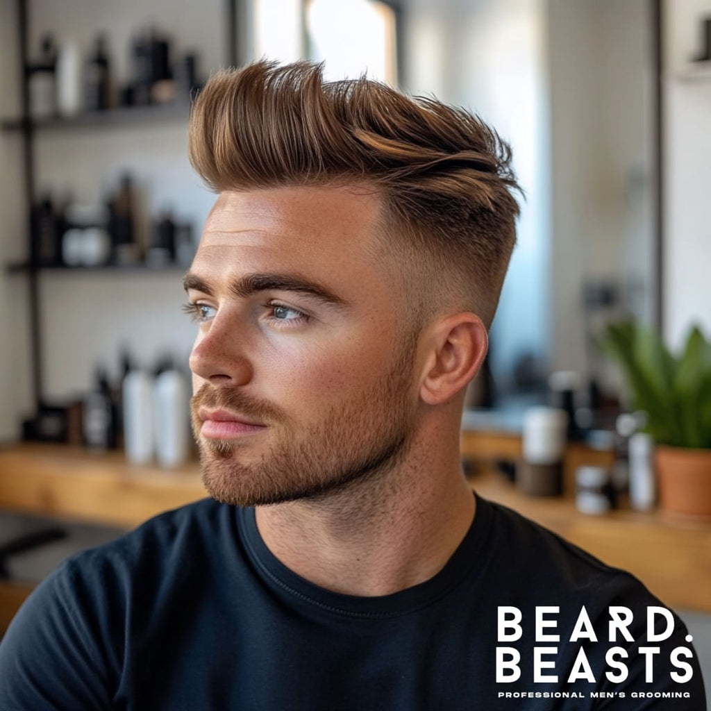 A stylish young man with a voluminous quiff, featuring hair brushed forward at the crown and styled upwards and back at the fringe, creating a bold and dynamic look.