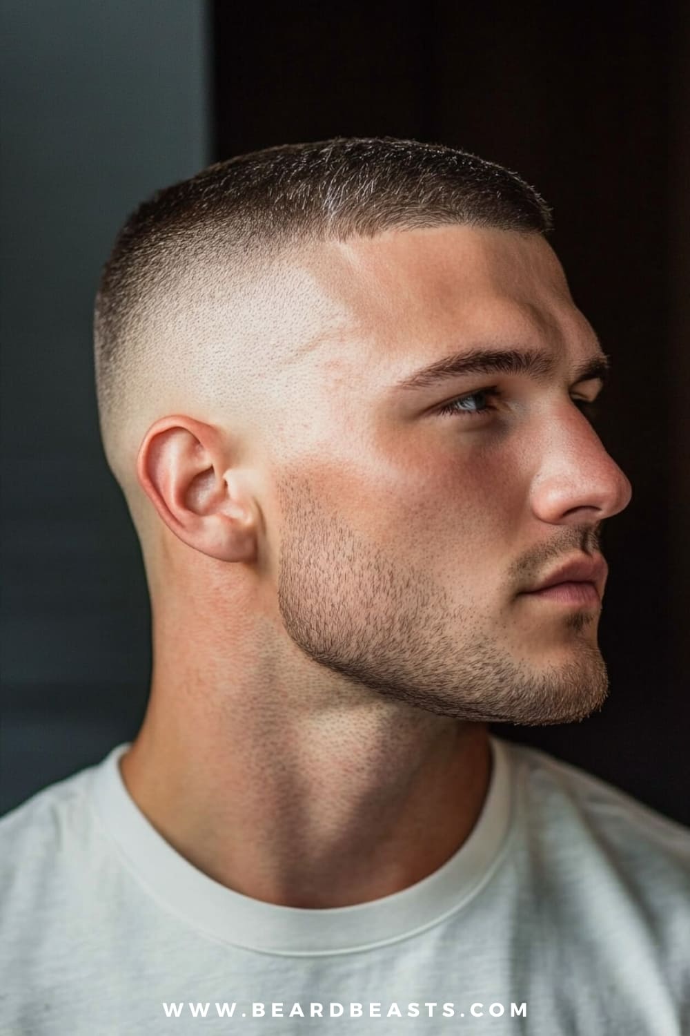 A close-up image of a man with a Razor Fade haircut, a sharp and stylish example of military haircuts for men. The haircut features a high fade with the sides and back shaved down to the skin, blending seamlessly into a short, textured top. The crisp, clean lines of the razor fade create a striking contrast that highlights the man's strong facial features, particularly his chiseled jawline. His light stubble adds to the overall polished yet rugged look, complementing the precise nature of the haircut. He is wearing a white t-shirt, which contrasts with the darker background, ensuring that the focus remains on the Razor Fade hairstyle, emphasizing its modern, sharp, and meticulously groomed appeal.