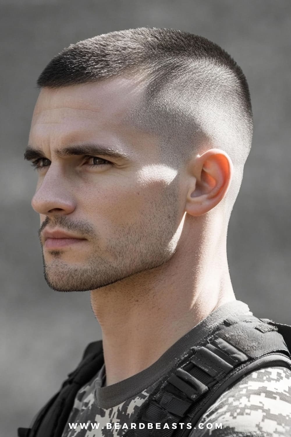 A close-up image of a man with a Recon Cut hairstyle, showcasing the military precision and sharpness typical of military haircuts for men. The haircut features very short, closely shaved sides with a slightly longer top, creating a clean and disciplined look. The man's facial hair is neatly trimmed into a light beard that enhances his strong jawline, adding a touch of ruggedness to the overall style. He is wearing a military-style camo shirt with a tactical vest, reinforcing the military-inspired aesthetic.