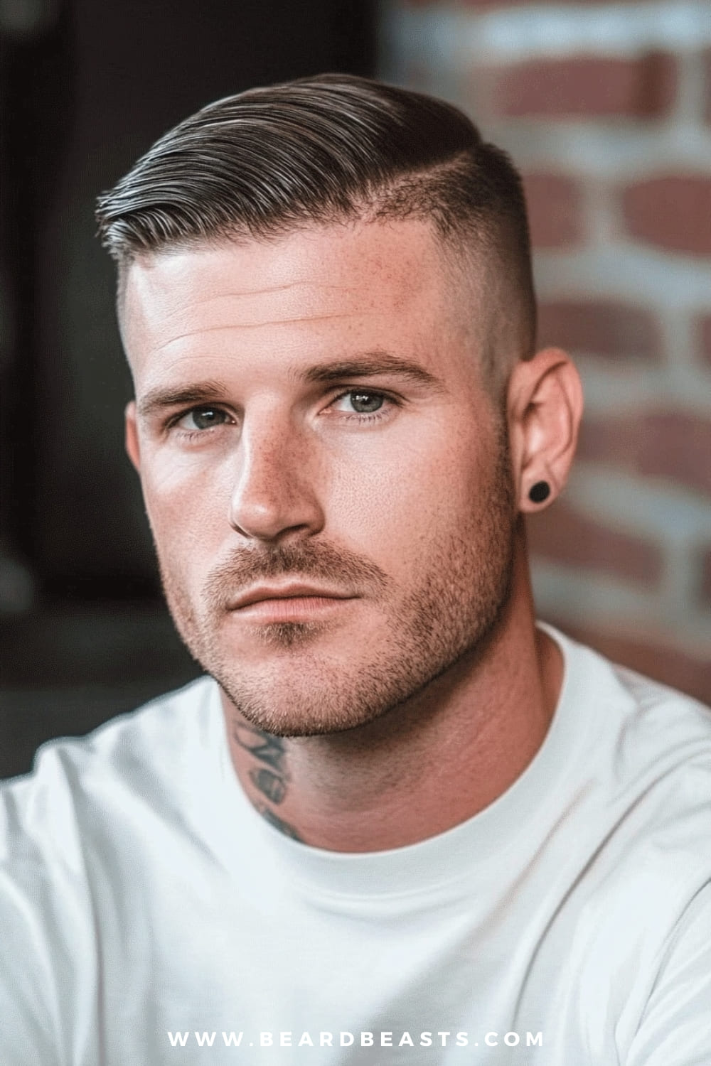 A close-up image of a man with a sharp, side-parted haircut, featuring a smooth, slicked-back top and closely shaved sides. The hairstyle exudes a modern, clean-cut look with its precise lines and sleek finish. The man has a light stubble that adds a subtle edge to his overall appearance, complemented by a small black earring and a visible neck tattoo, hinting at a mix of classic and contemporary style elements. He is wearing a white t-shirt, which contrasts with the warm, softly blurred brick background, drawing attention to the crisp details of his haircut and facial features. The combination of traditional grooming with modern accessories creates a striking, balanced aesthetic.