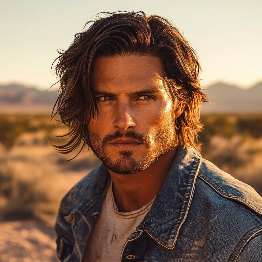 Man with shoulder-length, wavy hair styled into natural layers that add movement and a rugged, wind-swept look. He wears a denim jacket over a simple shirt, standing in a sunlit desert landscape with a serious, intense gaze. His look combines a casual, effortless style with an air of rugged charm, highlighted by the warm, golden light of the setting sun.