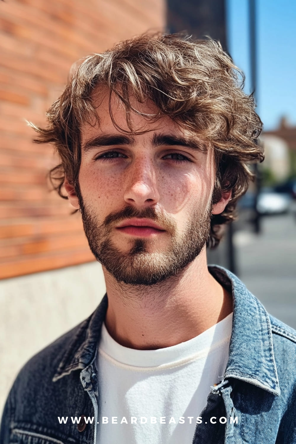 A young man with a trendy shag flow haircut, featuring medium-length, tousled brown hair that falls naturally around his face, creating a relaxed and effortlessly cool look. The haircut is characterized by its layered texture and slightly messy style, adding volume and movement to his hair. His well-groomed beard complements the carefree vibe of the hairstyle, while his casual outfit, including a denim jacket and white t-shirt, enhances the laid-back, urban feel. This shag flow haircut is a perfect example of modern men's flow hairstyles for 2024, ideal for those who want to embrace a stylish yet low-maintenance look.