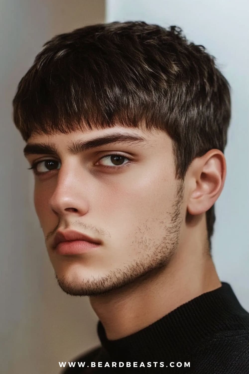 The image features a close-up of a young man with a Shaggy Caesar Cut. His hair is short and neatly trimmed with a straight fringe that falls just above his eyebrows, creating a clean, structured look. The shaggy texture adds a modern twist to the traditional Caesar cut, giving the hair a slightly tousled appearance while maintaining its classic form. His facial hair is minimal, with light stubble that complements the sharp, defined lines of his haircut. The lighting is soft, emphasizing the smooth texture of his skin and the precise detailing of his hairstyle. The background is blurred and neutral, keeping the focus entirely on his face and hair. The overall look is sleek, sophisticated, and subtly edgy.