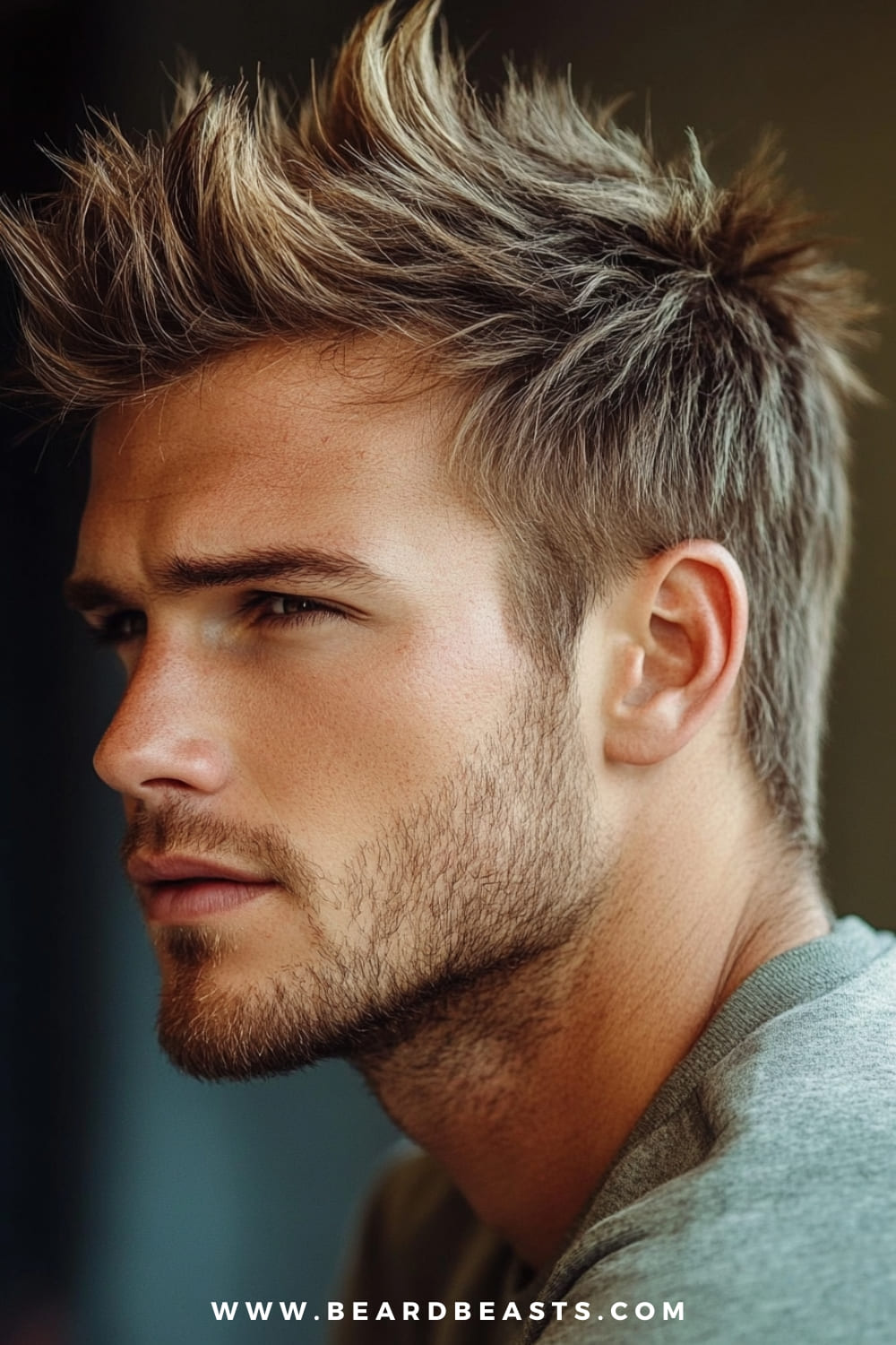 The image features a close-up side profile of a young man with a shaggy faux hawk hairstyle. His hair is styled with a combination of sharp, upward spikes at the top, creating a bold, edgy look, while the sides are kept slightly shorter for contrast. The texture is rugged and tousled, giving the faux hawk a modern, shaggy twist that adds to its dynamic and rebellious appeal. His facial hair is neatly trimmed, complementing the hairstyle and enhancing his strong jawline. The lighting highlights the structure and texture of his hair, bringing attention to the intricate details of the style. The background is softly blurred, keeping the focus on his striking hairstyle and defined facial features. The overall look is confident, bold, and effortlessly cool.