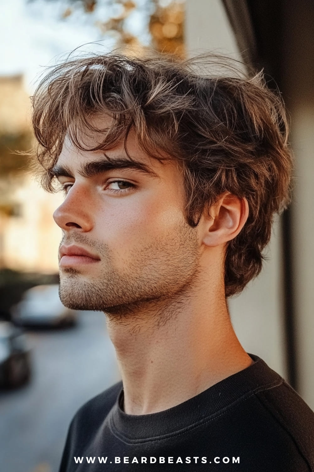 A young man with a relaxed, natural look is sporting a shaggy hairstyle, characterized by its tousled and layered appearance. His hair is slightly wavy, adding texture and volume, with longer strands framing his face, creating a soft and effortless style. The hair has a casual, wind-swept quality, giving off a laid-back vibe that's perfect for someone who prefers a low-maintenance yet stylish look.