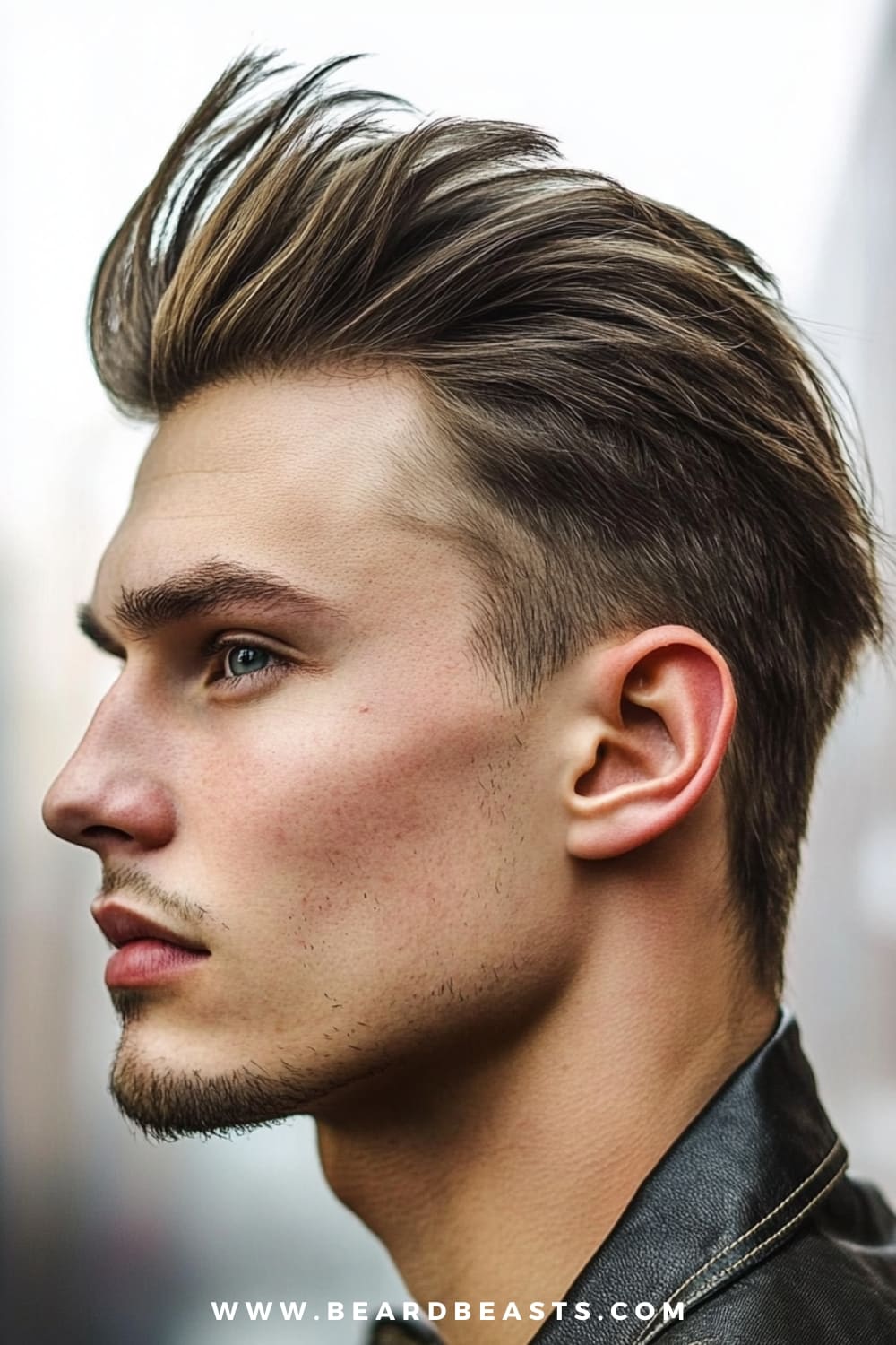 The image showcases a close-up side profile of a young man with a stylish, modern shaggy pompadour hairstyle. His hair features voluminous, textured layers that are swept upwards and slightly back, creating a full and dynamic look. The sides of his hair are neatly tapered, emphasizing the contrast with the fuller top. His facial features are sharp, with a defined jawline and subtle facial hair, including a small goatee and a light mustache. The overall appearance is sleek and polished, perfectly embodying a confident, contemporary style. The background is blurred, keeping the focus entirely on his men’s shaggy hairstyle and facial features.