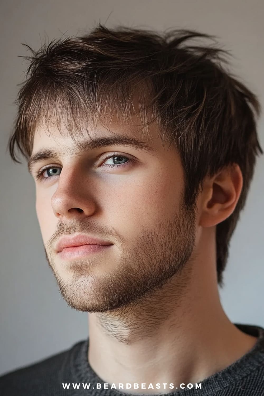 The image features a close-up of a young man with a Shaggy Wolf Cut for Straight Hair. His hair is medium-length, with soft, textured layers that create a voluminous and slightly tousled appearance. The cut blends the edgy, structured elements of a wolf cut with the smooth, sleek look of straight hair, resulting in a style that is both modern and effortlessly cool. The fringe lightly grazes his forehead, adding a casual touch to the look. His facial hair is a light stubble, which complements the relaxed yet stylish vibe of his hairstyle. The lighting is soft and natural, highlighting the texture and depth of his hair while keeping the focus on his facial features. The overall look is polished yet laid-back, perfect for someone who wants to make a subtle but stylish statement.