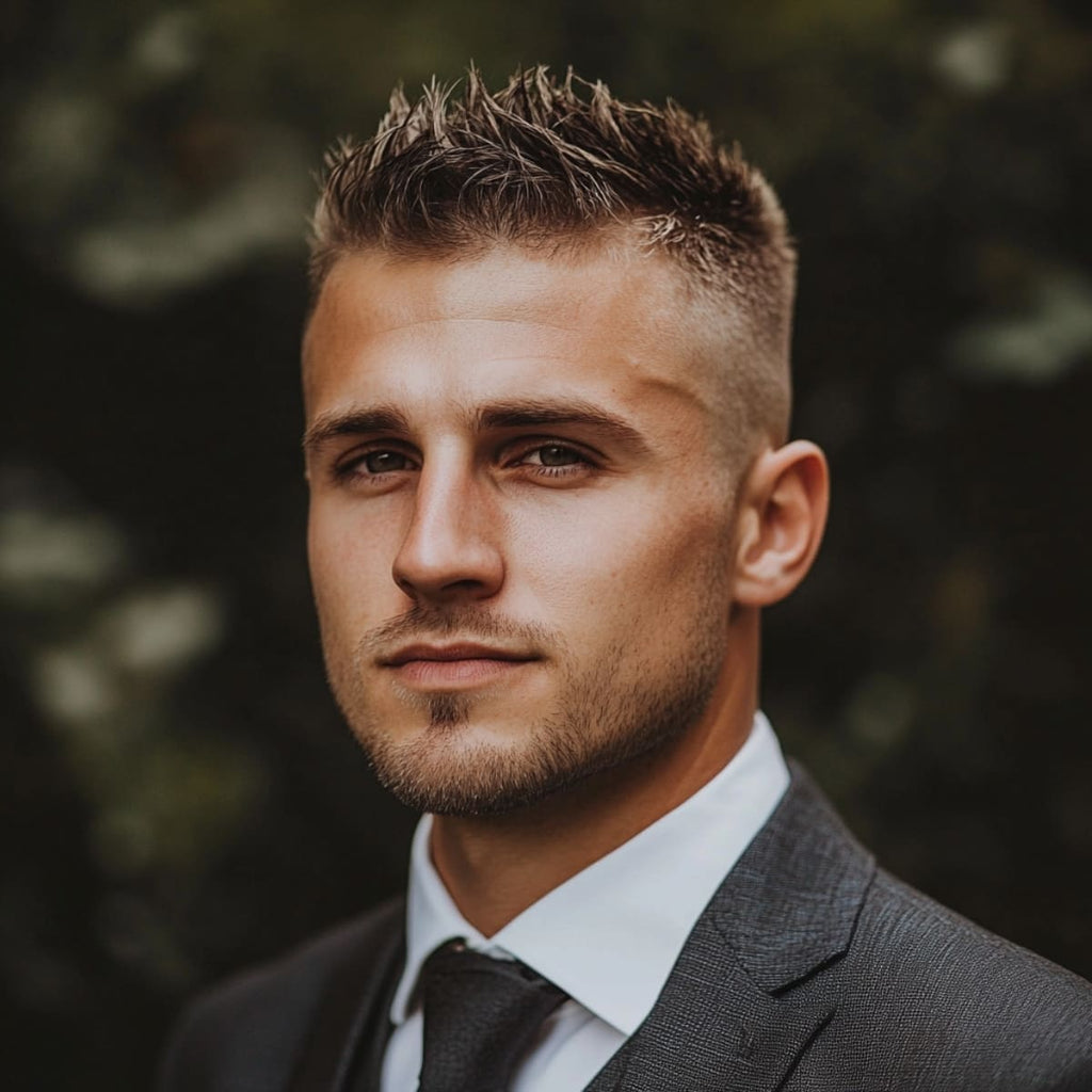 A well-groomed man wearing a sharp wedding suit and tie, showcasing a high fade spiky haircut. The haircut features a clean, gradual fade on the sides, while the top is styled with textured spikes, giving a modern, edgy look. His subtle beard complements the hairstyle, adding to the sophisticated, formal vibe of the image. The soft background enhances focus on the hairstyle and the overall groomed appearance, perfect for a formal occasion like a wedding.