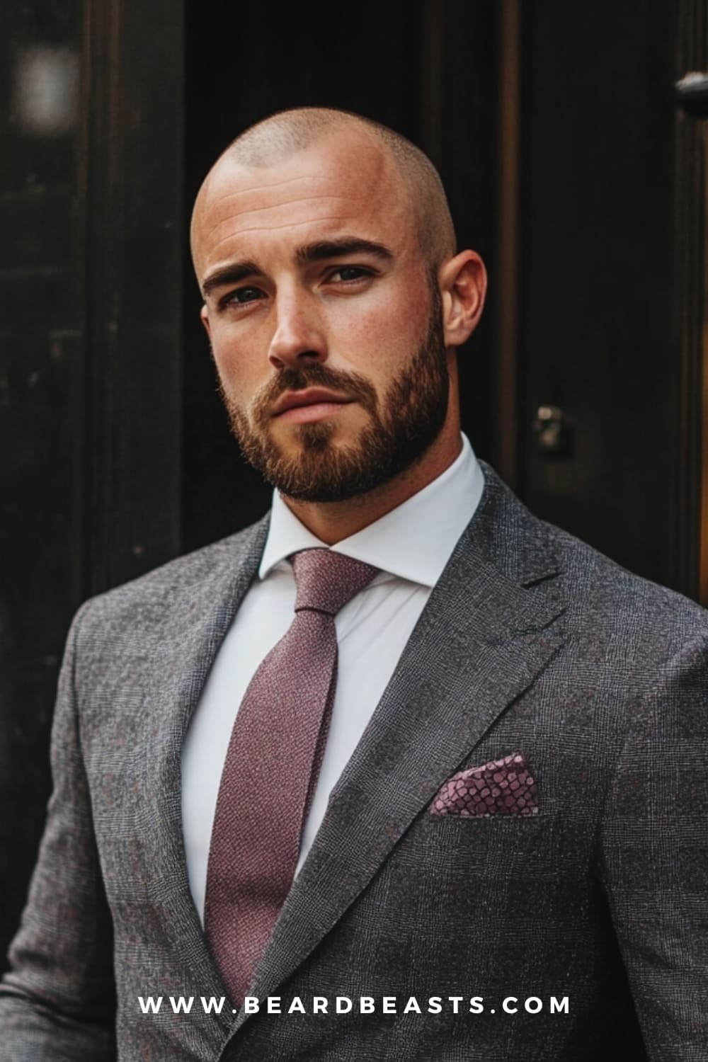 Man with a shaved head, wearing a sharp suit and beard, showcasing a clean, professional look. This low maintenance haircut for men offers a stylish and bold appearance, perfect for those seeking a hassle-free grooming routine.