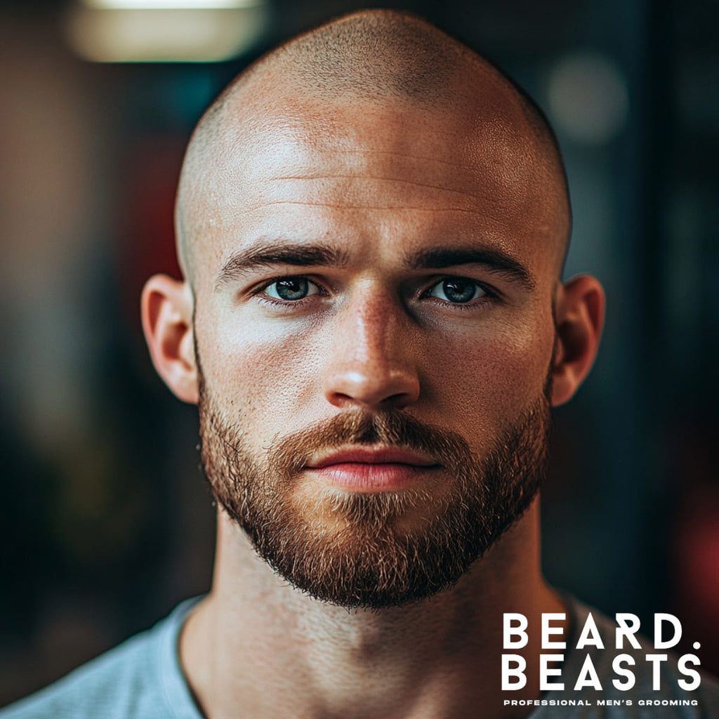 Close-up of a man with a clean-shaven head, showcasing a bold and minimalistic look. The style highlights a smooth, even scalp paired with a neatly groomed beard for a rugged yet polished appearance. Perfect for low-maintenance grooming, this look exudes confidence and practicality. The shaved head emphasizes facial features and is ideal for those seeking a modern, fuss-free hairstyle. Suitable for both casual and professional settings, it offers a timeless, versatile appeal.