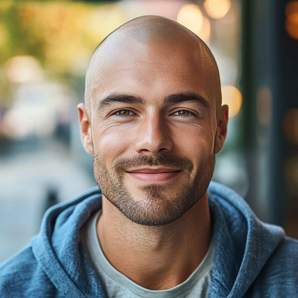 A man with a shaved head, a bold choice among Men’s Hairstyles for Receding Hairlines, smiles warmly at the camera. His clean-shaven head embraces a low-maintenance, confident look that eliminates any focus on a receding hairline. Dressed in a casual hoodie and set against a softly blurred urban background with warm lighting, he exudes a relaxed, self-assured style that’s both simple and striking.