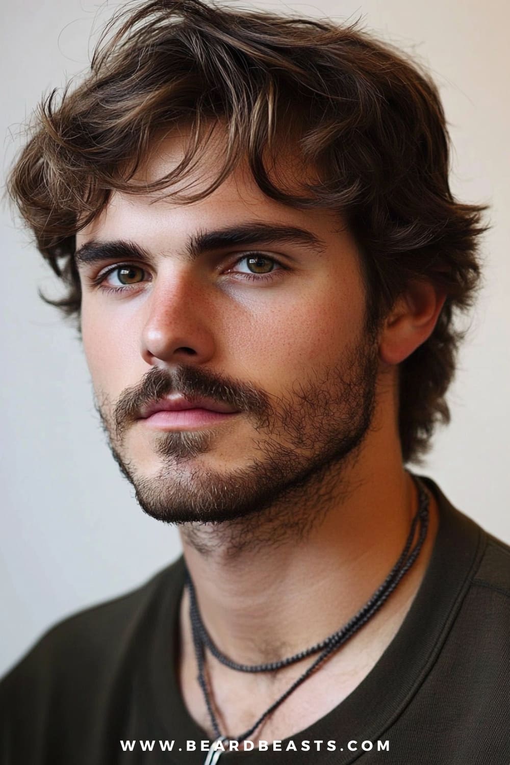 The image features a close-up of a young man with a Short 70s Shaggy Hairstyle. His hair is cut in a classic, retro-inspired shag, with short, choppy layers that add texture and volume. The front strands slightly fall onto his forehead, giving a relaxed, effortlessly cool vibe. His facial hair is a well-groomed stubble that complements the vintage look of his hairstyle, adding a modern touch to the overall style. He is wearing a casual, dark-colored shirt with layered necklaces, enhancing the 70s aesthetic. The lighting is soft, highlighting the natural waves and texture in his hair while keeping the focus on his expressive eyes and the details of his hairstyle. The overall look is stylish, nostalgic, and perfectly balanced between retro and contemporary influences.