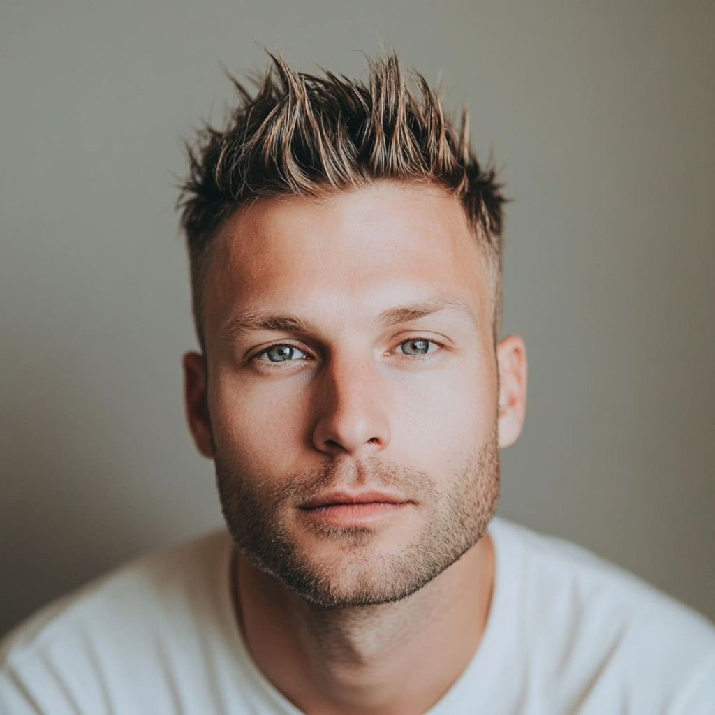 Young man with short, tousled spikes and an undercut, exuding a modern, clean look. The hairstyle is textured on top with defined spikes, adding a touch of effortless style to his appearance.