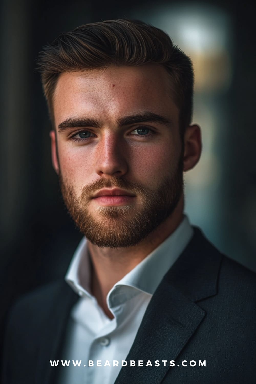 A man showcasing a classic short back and sides haircut, one of the top gentlemen hairstyles for men in 2024. The neatly styled hair is complemented by a well-groomed beard, creating a timeless and sophisticated look.