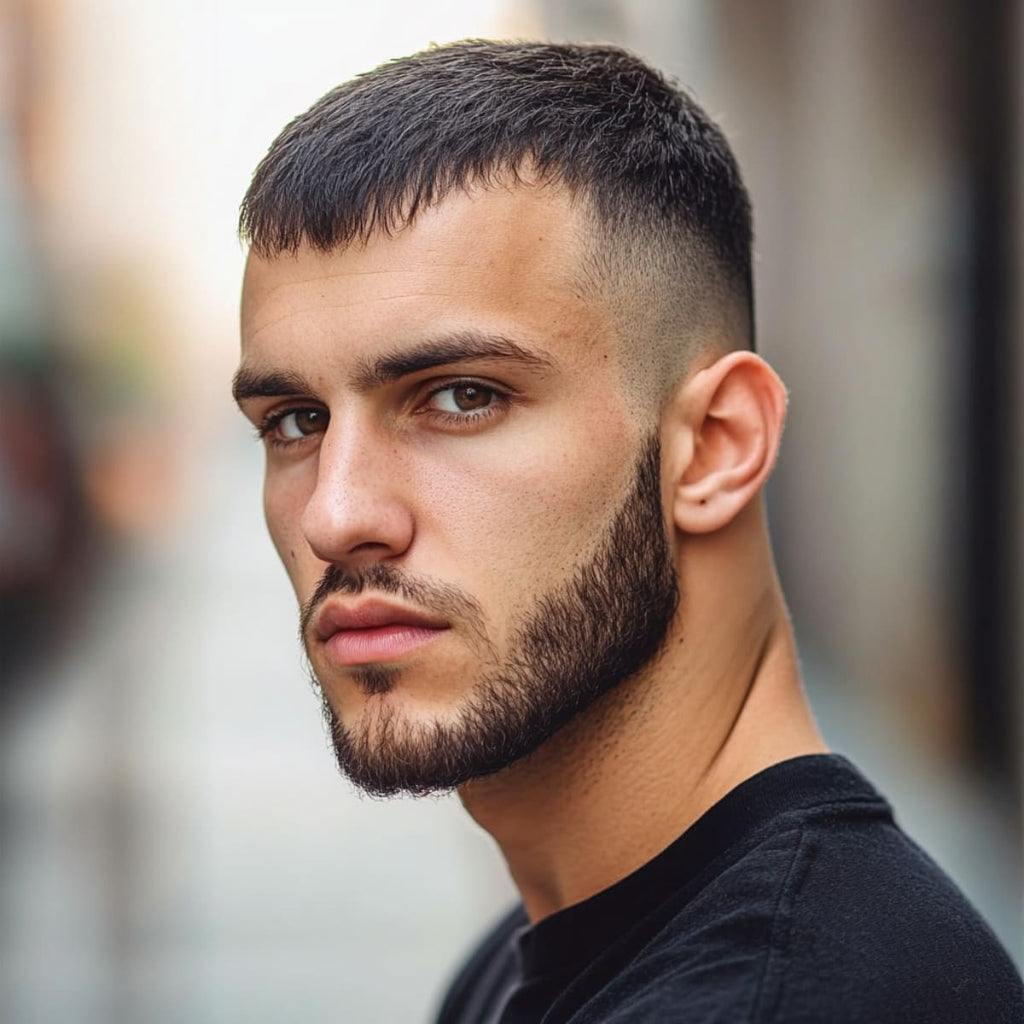 A man with a short Caesar cut for receding hairline and a neatly groomed beard gazes intensely to the side. His haircut features a forward fringe that subtly frames his forehead, making it ideal for minimizing a receding hairline. The clean fade on the sides and the textured top give this men's receding hairline haircut a stylish, modern edge, while the soft, blurred background keeps the focus on his confident look.