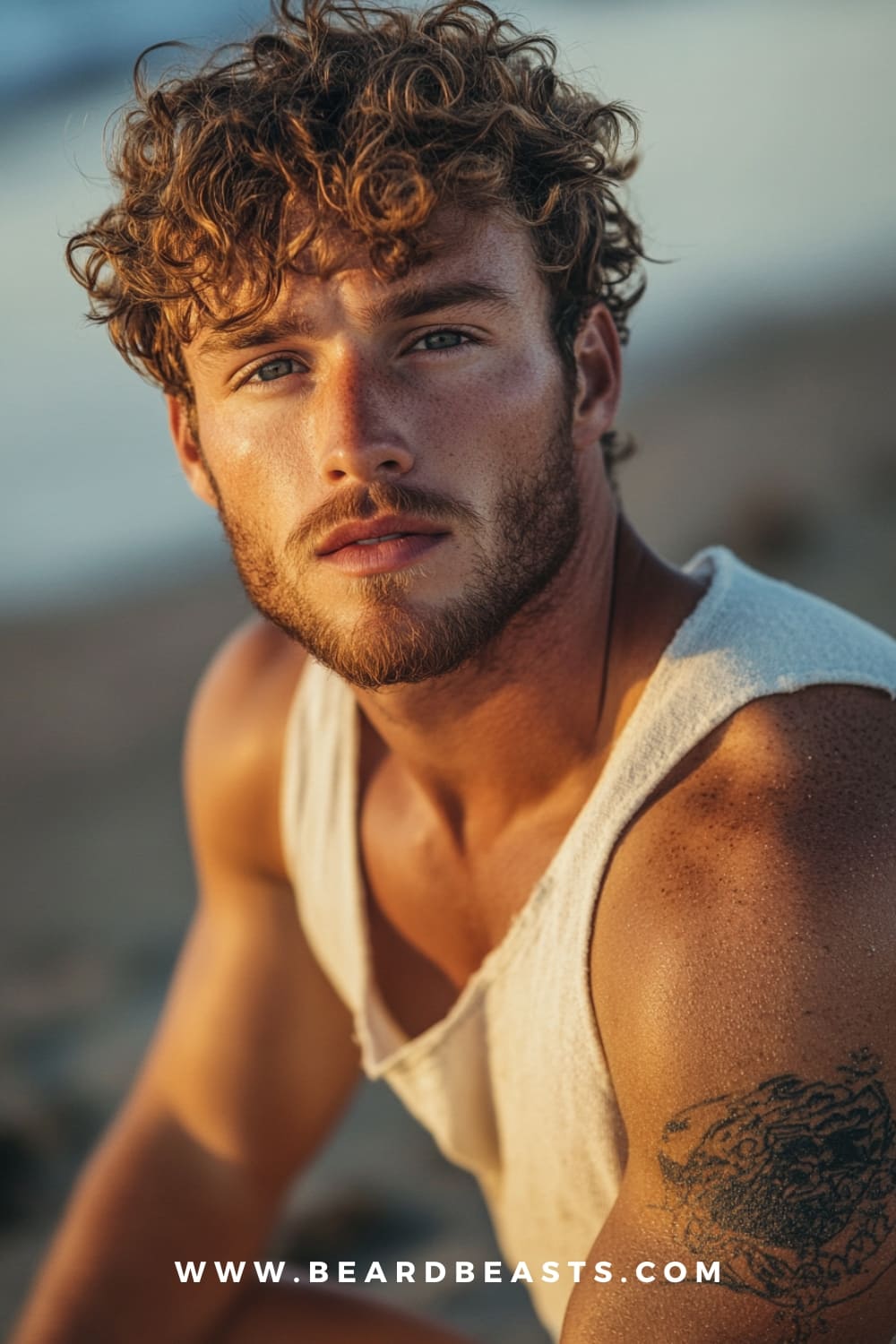 A man with short, tousled curly hair and a light beard, showcasing one of the best short surfer hairstyles. The natural curls add texture and volume, creating a relaxed and sun-kissed look, ideal for a laid-back surfer style.