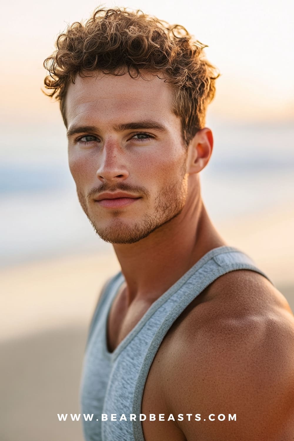 A man with a short curly quiff hairstyle and light stubble, showcasing a modern take on short surfer hairstyles. The voluminous curls add texture and height, creating a stylish yet relaxed beach-ready look.