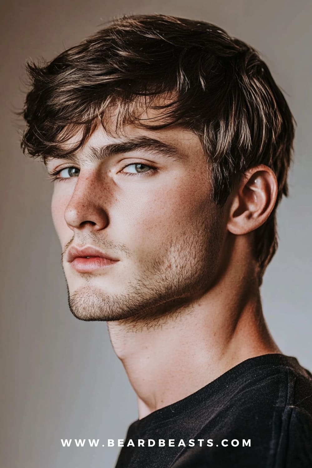 A young man with a modern short flow hairstyle featuring textured, medium-brown hair that is slightly tousled for a casual, effortless look. The hairstyle is short yet retains a natural flow, with the hair swept to the side, adding depth and character to the style.