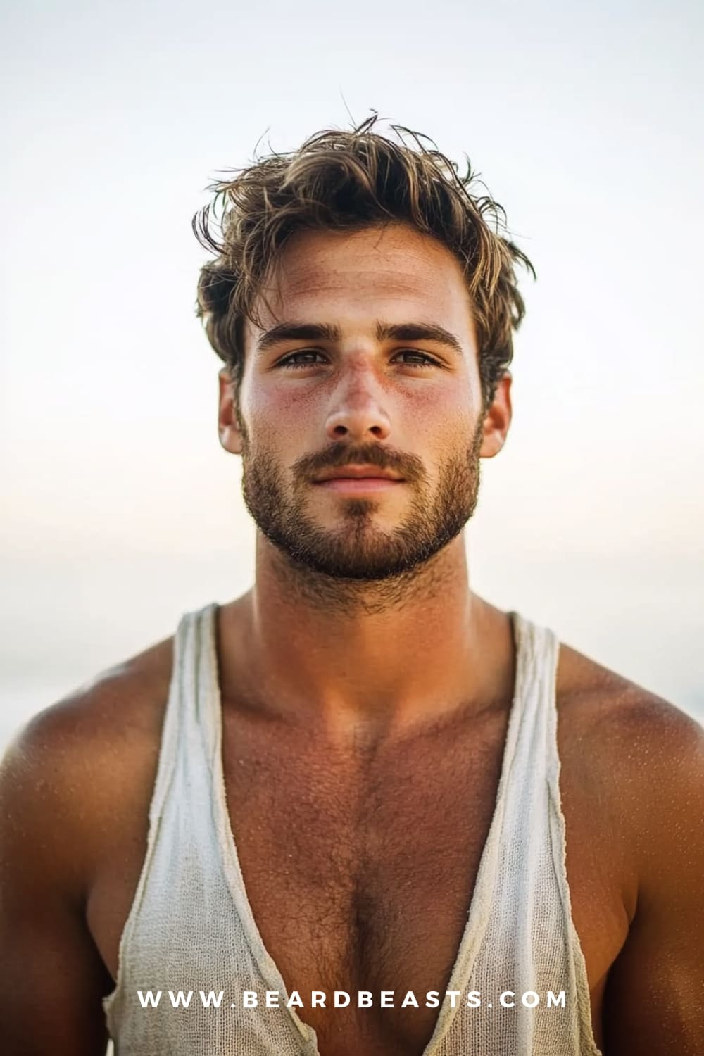 A man with short messy hair and light stubble, showcasing one of the best short surfer hairstyles. The tousled, windswept look reflects a casual and effortlessly cool beach style, perfect for achieving the classic surfer vibe.