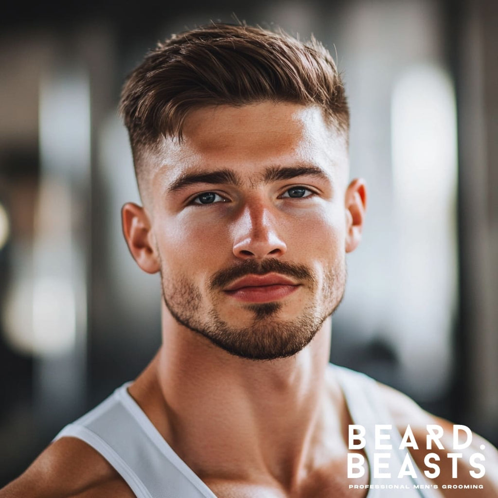 Close-up of a man with a short quiff hairstyle, a trendy and polished option among athletic hairstyles for men. The haircut features a neatly tapered fade on the sides and a voluminous, textured top, offering a sleek and sporty appearance. Perfect for active individuals, this low-maintenance style maintains its shape during workouts and transitions seamlessly to formal or casual occasions. The short quiff exudes confidence and versatility, making it an excellent choice for modern, athletic men.